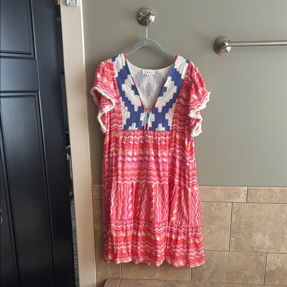 THML colorful pink and orange Casual Sundress with Flutter Sleeves